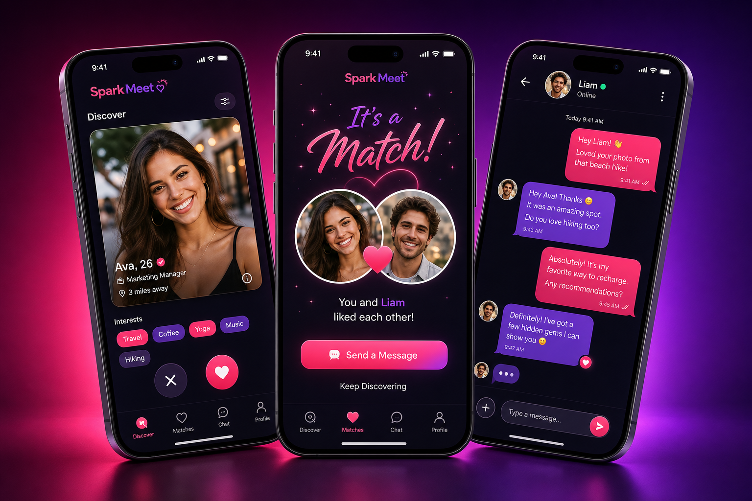 SparkMeet app screens — Discover, Match, Chat