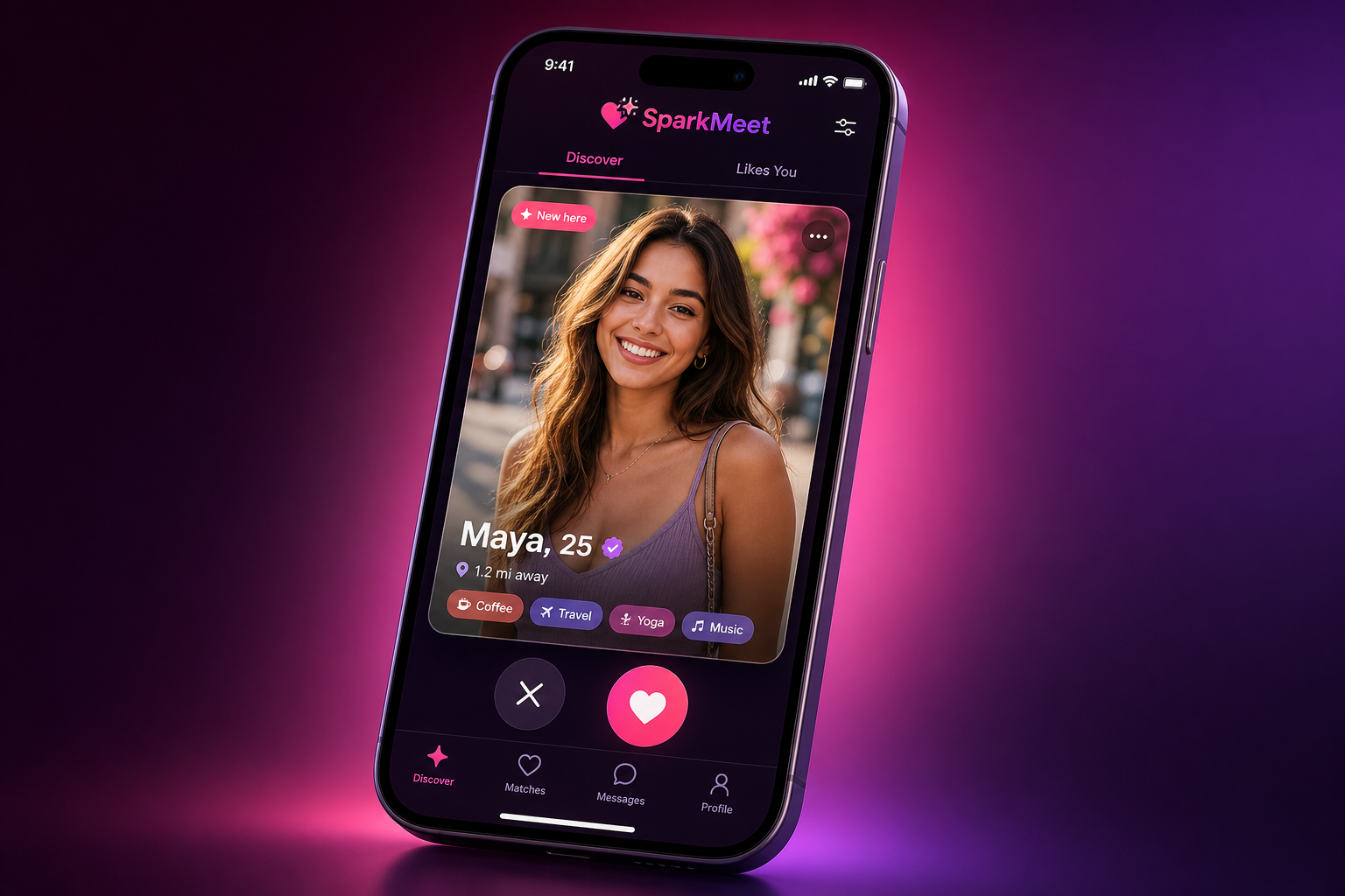 SparkMeet app preview — Discover, Match, Chat
